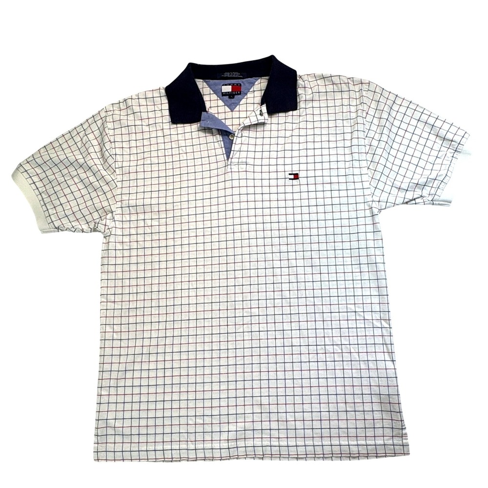 Vintage 90s Tommy Hilfiger Polo Shirt Men L White Grid Plaid Short Sleeve Retro